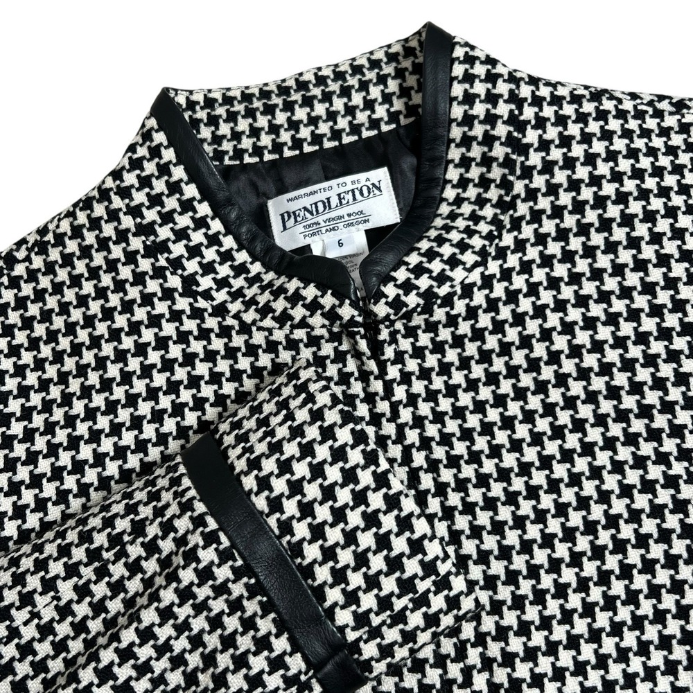 Pendleton Womens 6 Black Cream Houndstooth Virgin‎ Wool Lambskin Trim Jacket